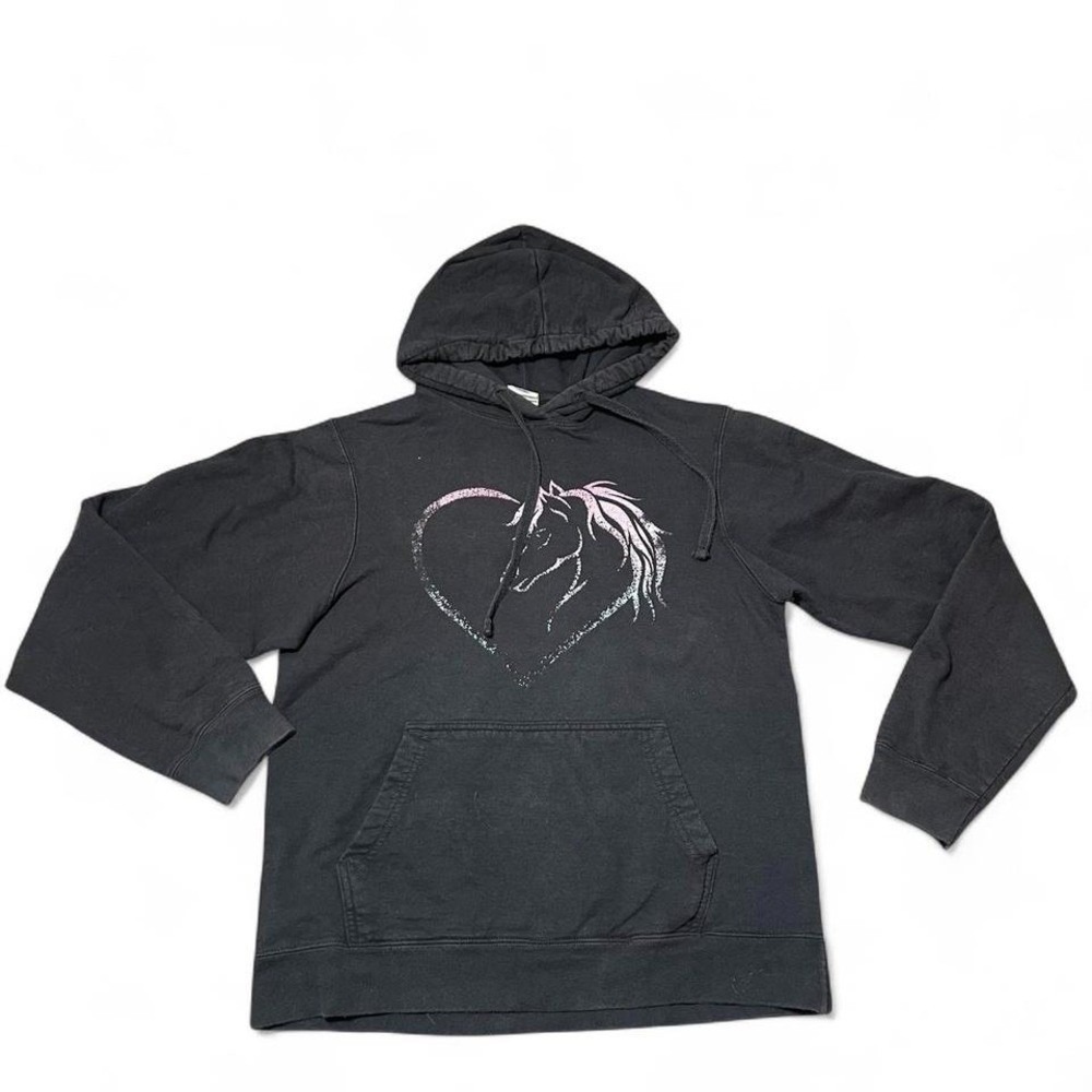black horse hoodie with pink heart design